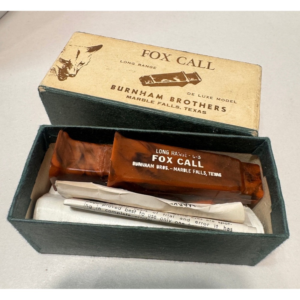 Vintage Burnham Brothers Long Range C-3 Fox Call Marbled Amber Texas w Box Paper